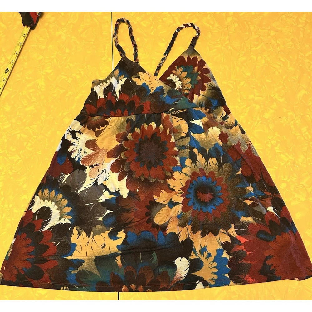 VTG Mudd Top Babydoll Tank Brown Y2K Floral Feathers Flowy 90s Festival Womens M